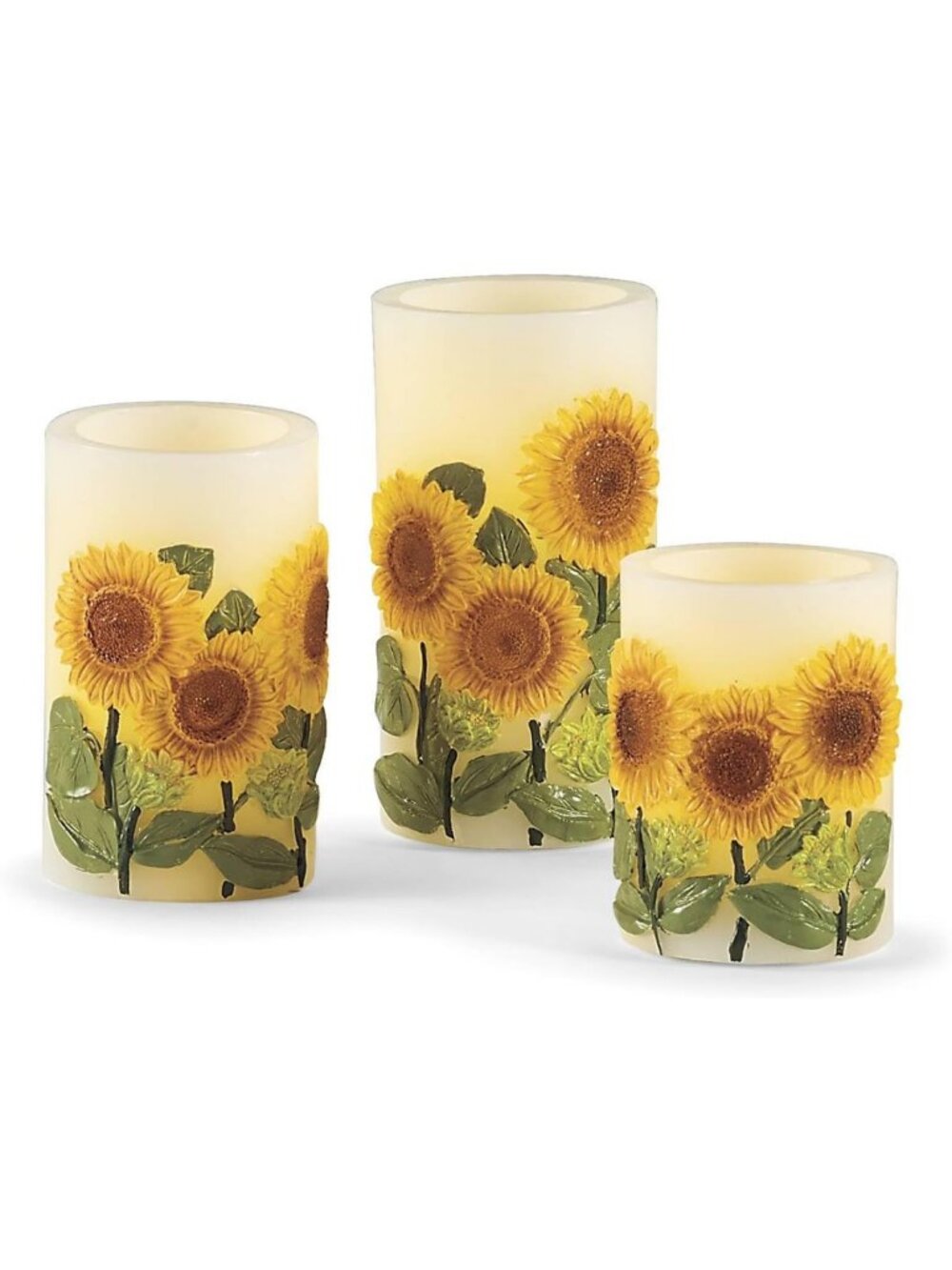 Flameless LED Sunflower Candles Set of 3 | Real Wax Pillar with Floral Design